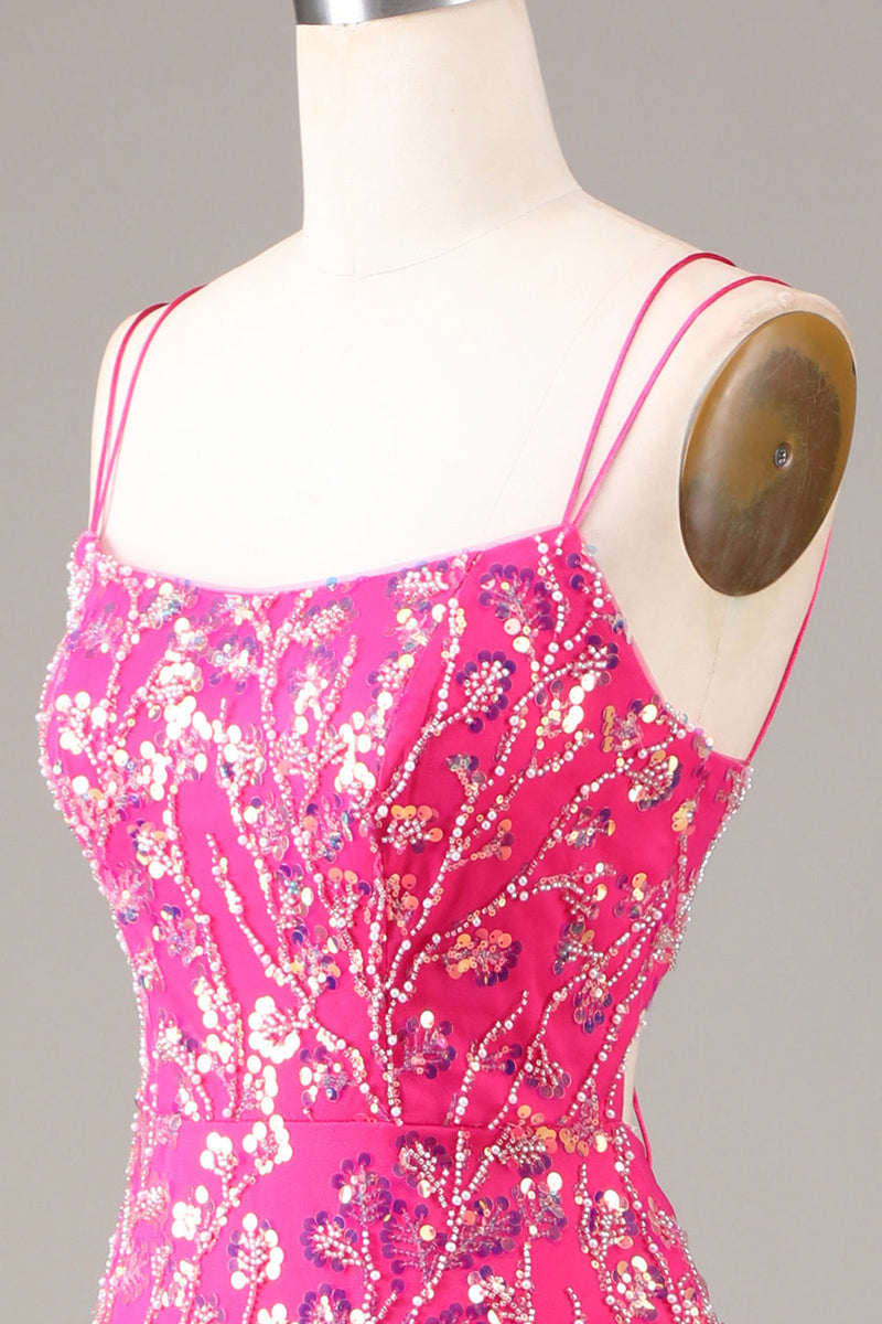 Load image into Gallery viewer, Hot Pink Sequins & Beaded Mermaid Prom Dress with Slit