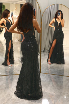 Glitter Black Mermaid Long Feathered Prom Dress With Slit