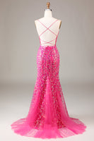 Load image into Gallery viewer, Hot Pink Sequins & Beaded Mermaid Prom Dress with Backless