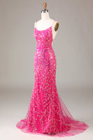 Load image into Gallery viewer, Hot Pink Sequins & Beaded Mermaid Prom Dress with Backless
