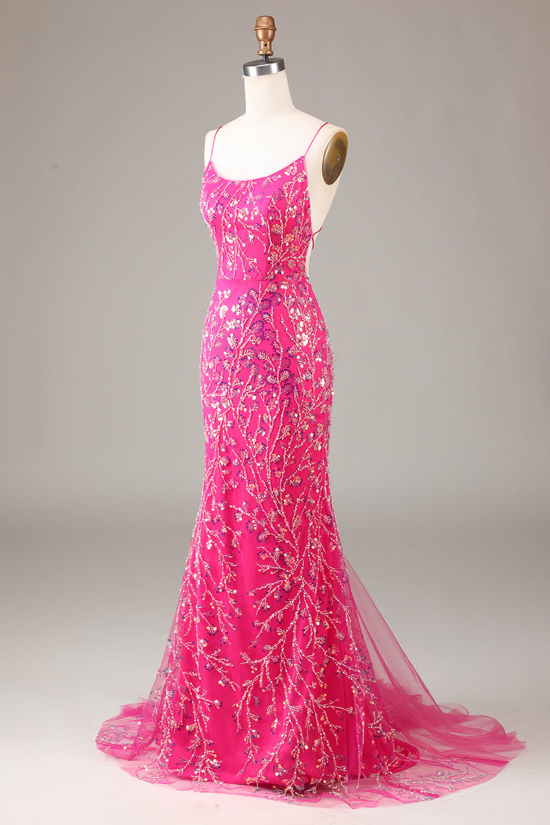 Load image into Gallery viewer, Hot Pink Sequins & Beaded Mermaid Prom Dress with Backless
