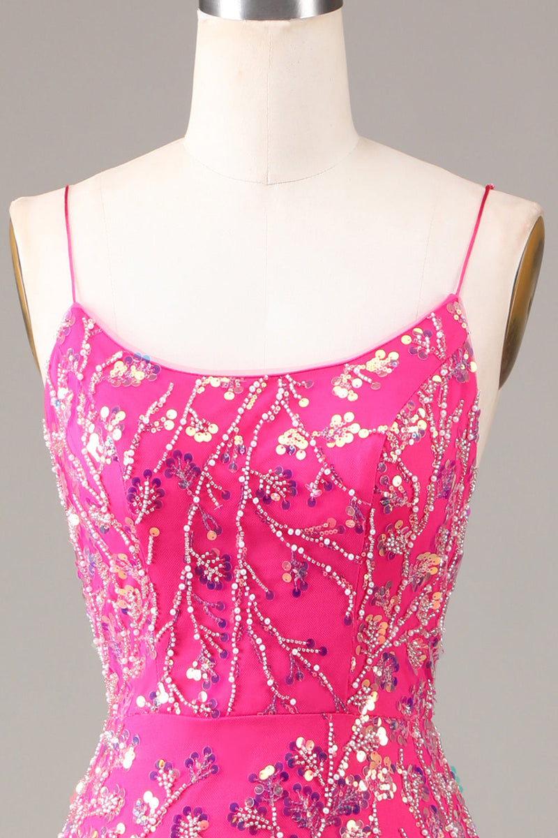 Load image into Gallery viewer, Hot Pink Sequins & Beaded Mermaid Prom Dress with Backless