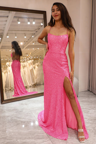 Sparkly Pink Mermaid Long Prom Dress With Slit