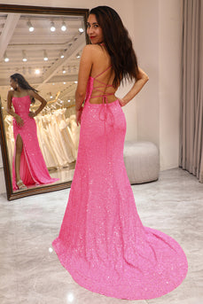 Sparkly Pink Mermaid Long Prom Dress With Slit