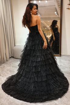 Glitter Black Long Corset Tiered Prom Dress With Slit