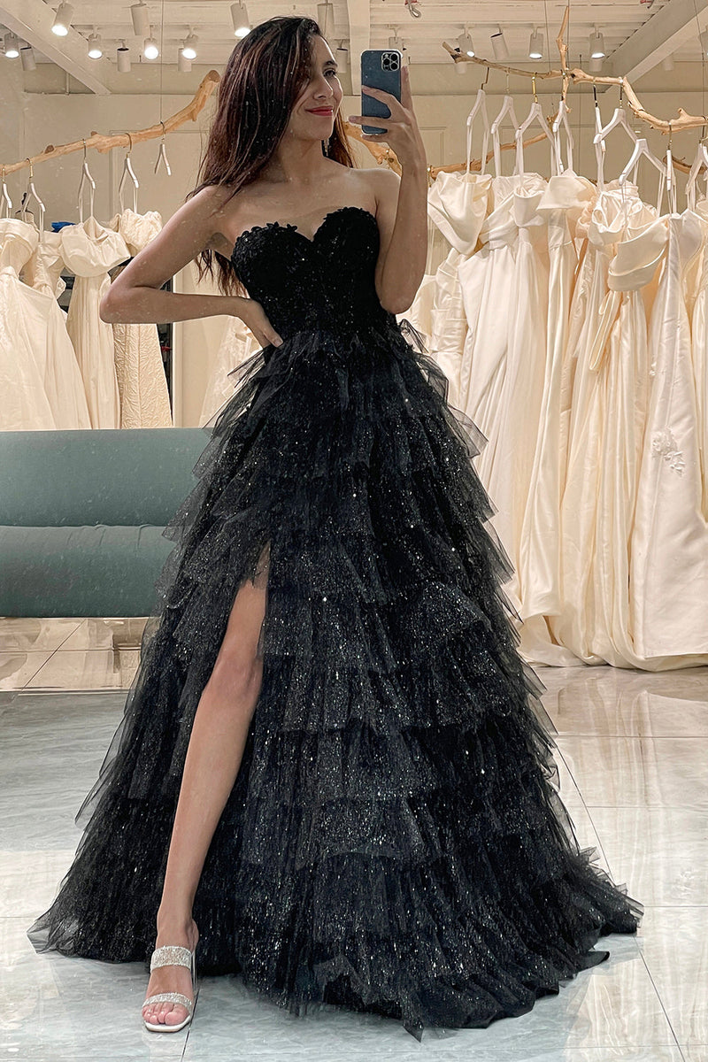 Queendancer Women Black Long Prom Dress Glitter Corset Tiered Evening