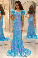 Load image into Gallery viewer, Shiny Light Blue Mermaid Long Prom Dress With Feather