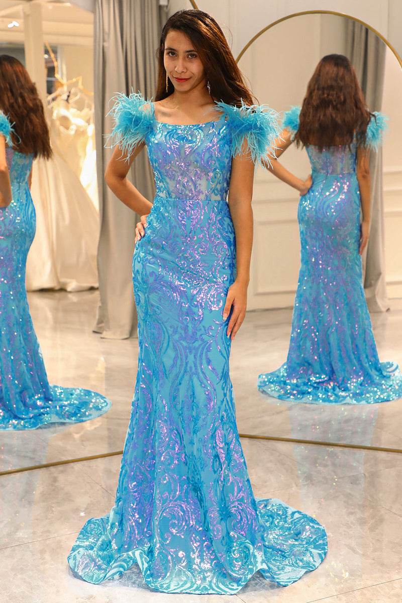 Load image into Gallery viewer, Shiny Light Blue Mermaid Long Prom Dress With Feather