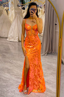 Load image into Gallery viewer, Glitter Orange Mermaid Long Corset Prom Dress With Slit