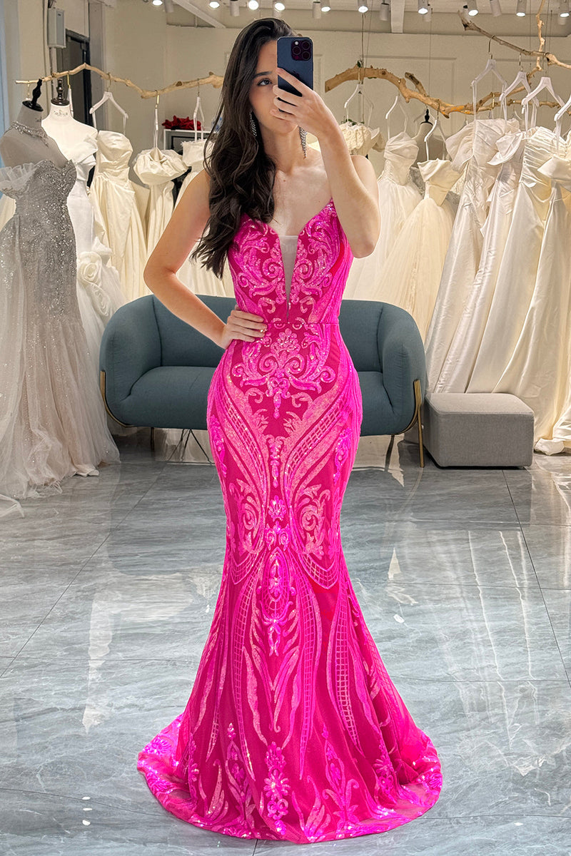Load image into Gallery viewer, Fuchsia Mermaid Backless Long Prom Dress With Appliques