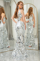 Load image into Gallery viewer, Sparkly Silver Mermaid Cut Out One Shoulder Long Prom Dress With Sequins