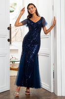 Load image into Gallery viewer, Navy Blue Sequins Mermaid Mother of the Bride Dress