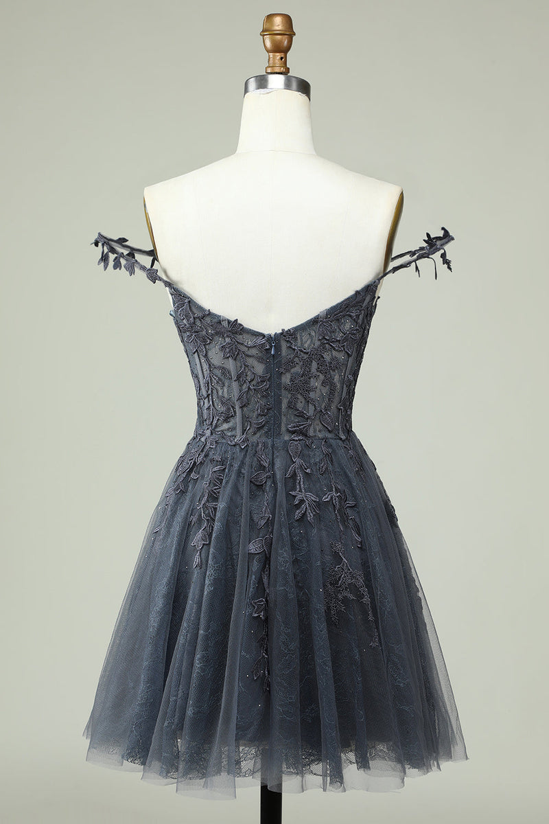 Queendancer Women Grey Corset Short Prom Dress with Appliques Spaghetti Straps Party Dress queendanceruk Queendancer Women Grey Corset Short Prom Dress with Appliques Spaghetti Straps Party Dress queendanceruk