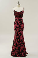 Load image into Gallery viewer, Sheath Spaghetti Straps Burgundy Printed Velvet Long Prom Dress with Silt