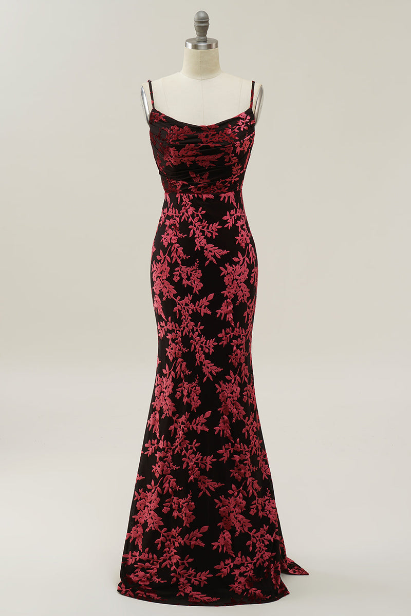 Load image into Gallery viewer, Sheath Spaghetti Straps Burgundy Printed Velvet Long Prom Dress with Silt
