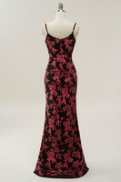 Load image into Gallery viewer, Sheath Spaghetti Straps Burgundy Printed Velvet Long Prom Dress with Silt