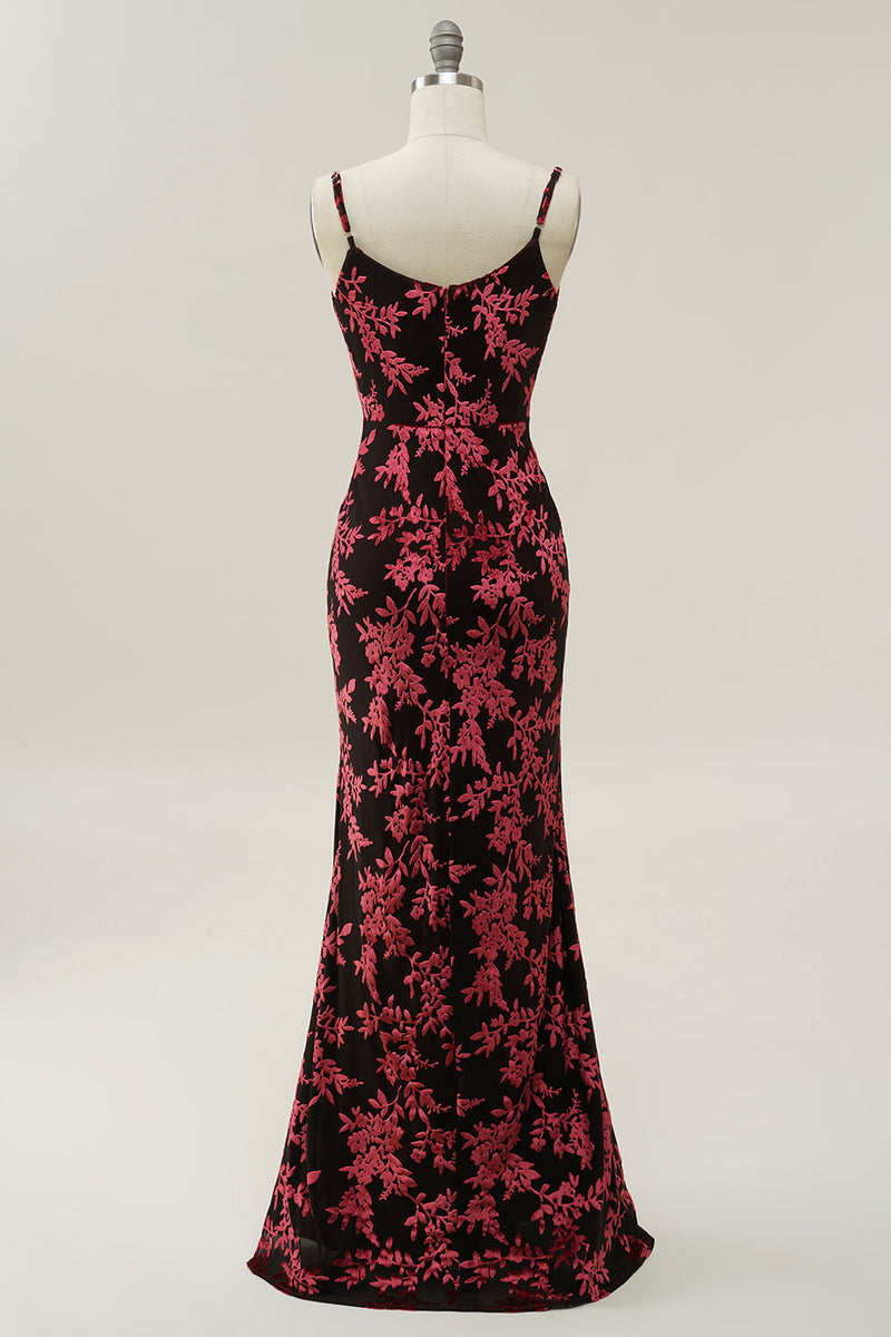 Load image into Gallery viewer, Sheath Spaghetti Straps Burgundy Printed Velvet Long Prom Dress with Silt
