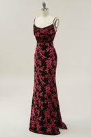 Load image into Gallery viewer, Sheath Spaghetti Straps Burgundy Printed Velvet Long Prom Dress with Silt