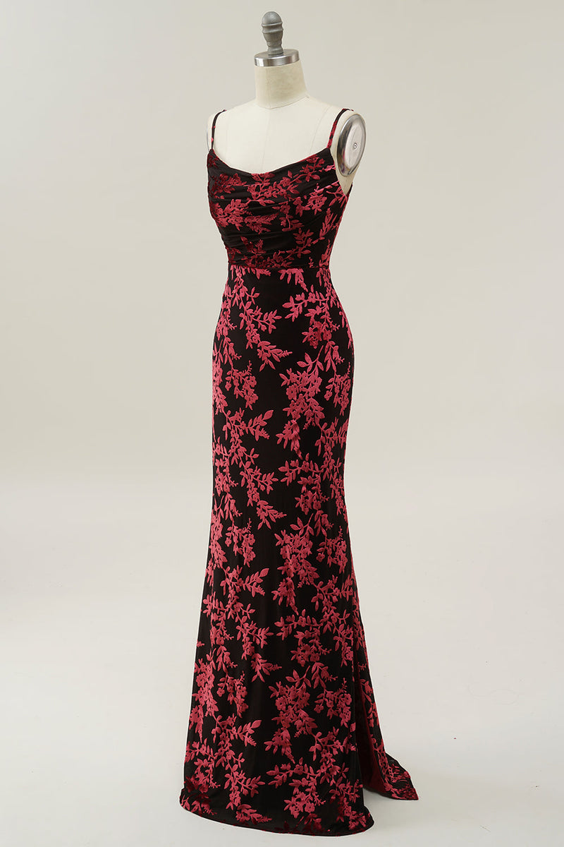 Load image into Gallery viewer, Sheath Spaghetti Straps Burgundy Printed Velvet Long Prom Dress with Silt