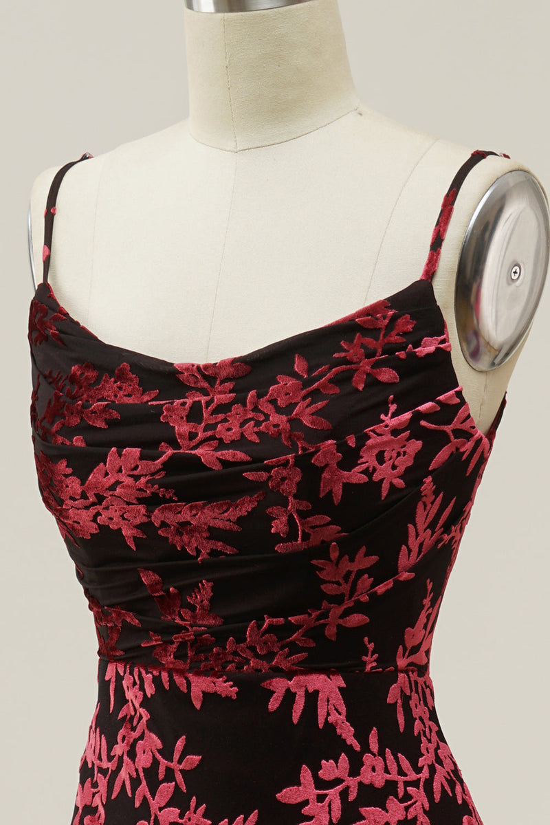 Load image into Gallery viewer, Sheath Spaghetti Straps Burgundy Printed Velvet Long Prom Dress with Silt