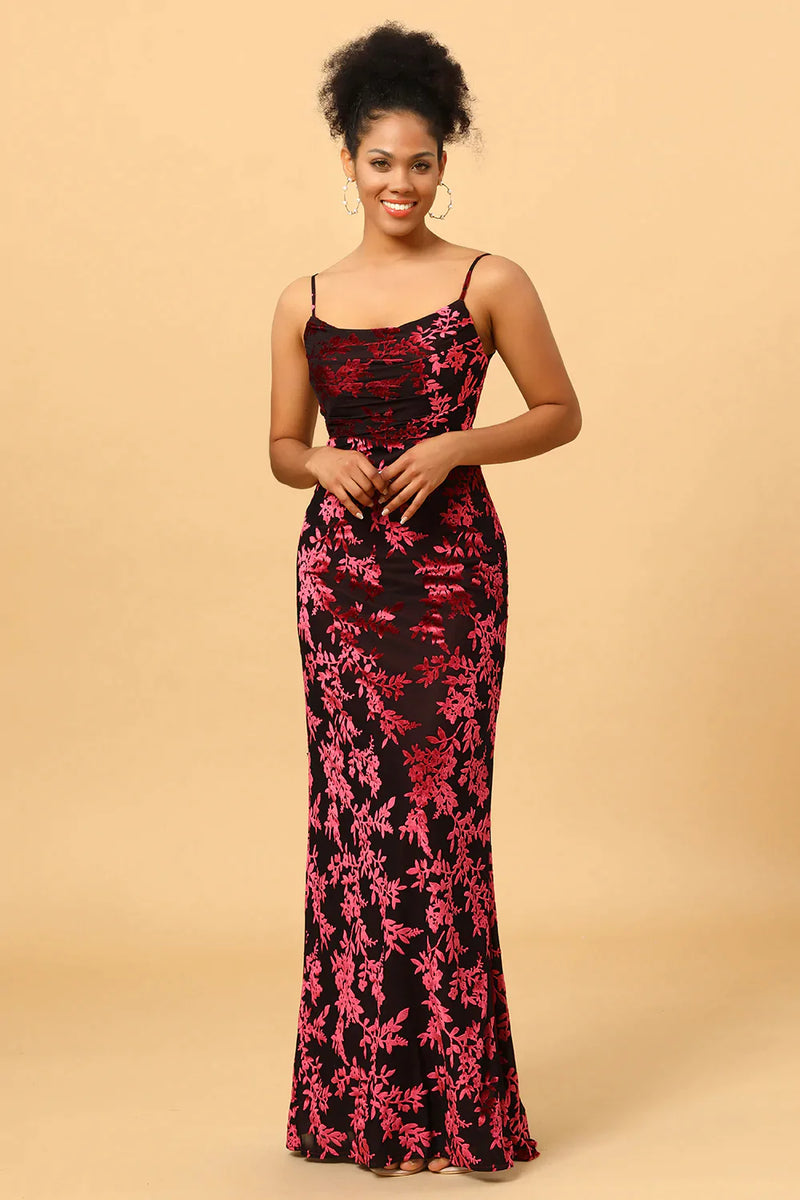 Load image into Gallery viewer, Sheath Spaghetti Straps Burgundy Printed Velvet Long Prom Dress with Silt