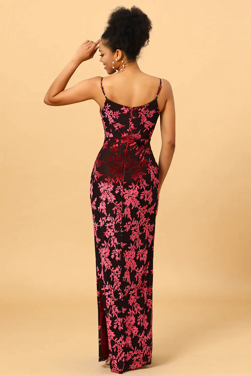 Load image into Gallery viewer, Sheath Spaghetti Straps Burgundy Printed Velvet Long Prom Dress with Silt