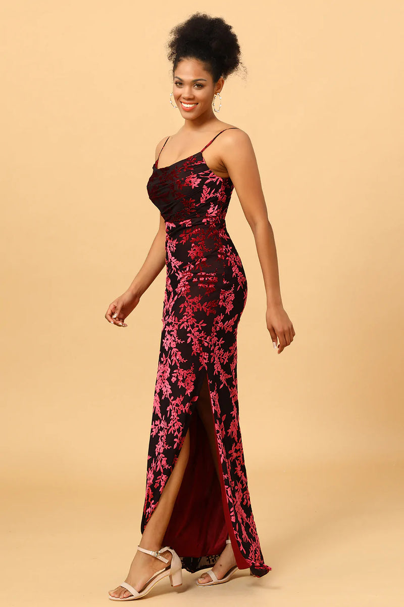 Load image into Gallery viewer, Sheath Spaghetti Straps Burgundy Printed Velvet Long Prom Dress with Silt