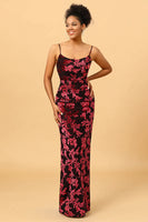 Load image into Gallery viewer, Sheath Spaghetti Straps Burgundy Printed Velvet Long Prom Dress with Silt
