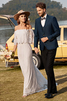 Load image into Gallery viewer, Ivory Lace Boho Wedding Dress Mermaid Off the Shoulder Beach Sweep Train Bridal Dress