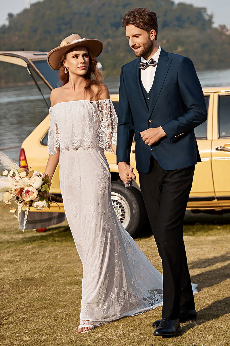 Load image into Gallery viewer, Ivory Lace Boho Wedding Dress Mermaid Off the Shoulder Beach Sweep Train Bridal Dress