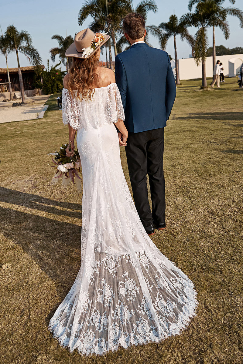 Load image into Gallery viewer, Ivory Lace Boho Wedding Dress Mermaid Off the Shoulder Beach Sweep Train Bridal Dress