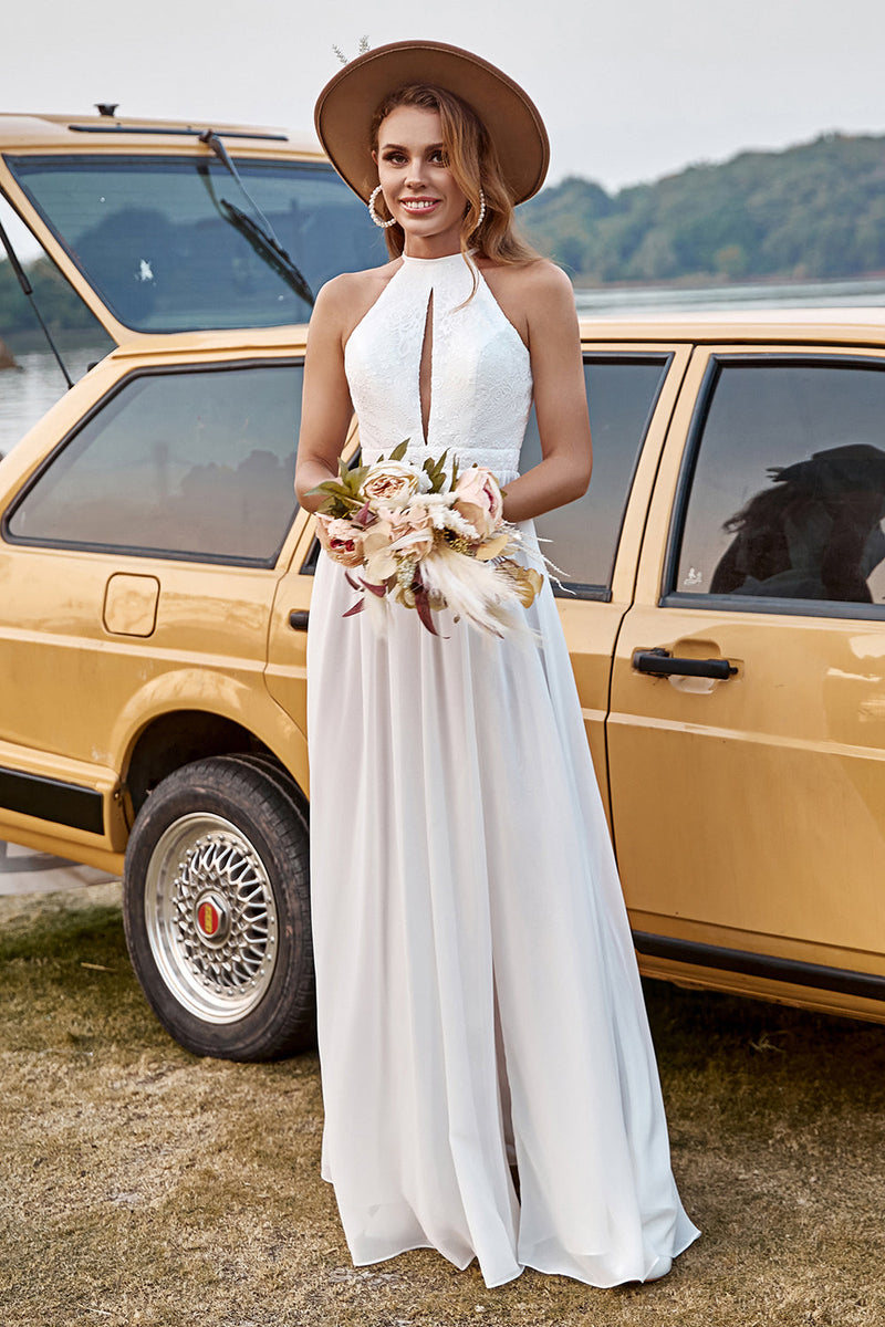 Queendancer Women Boho Wedding Dress Ivory Lace Chiffon Halter Keyhole Beach Bridal Dress With Slit queendanceruk Queendancer Women Boho Wedding Dress Ivory Lace Chiffon Halter Keyhole Beach Bridal Dress With Slit queendanceruk