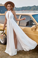 Load image into Gallery viewer, Ivory Lace Chiffon Halter Boho Wedding Dress With Slit