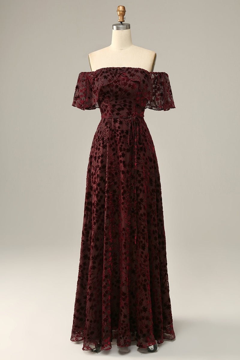 Load image into Gallery viewer, Burgundy Flower Off The Shoulder Prom Dress