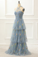 Load image into Gallery viewer, A Line Halter Tulle Prom Dress with Embroidery