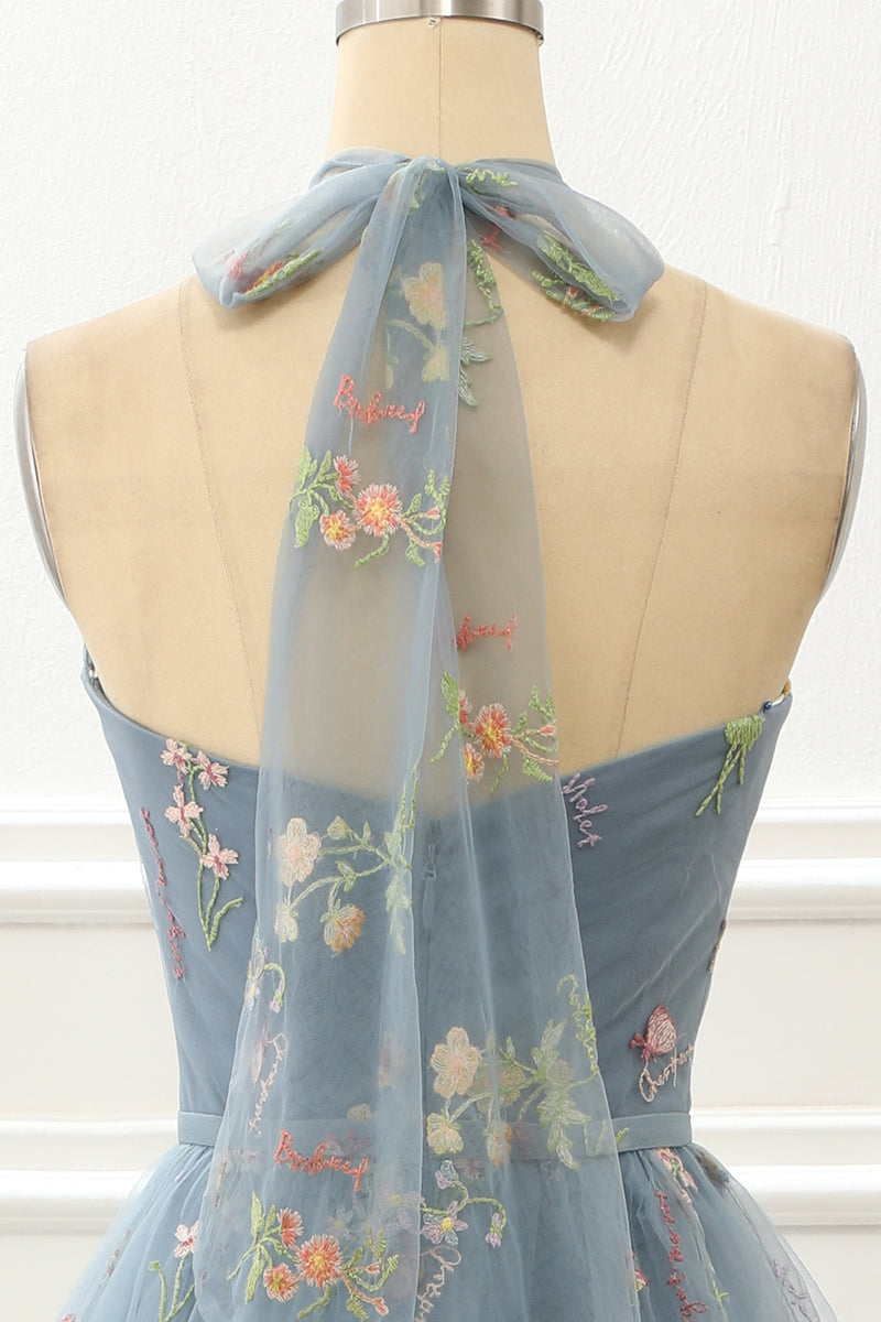 Load image into Gallery viewer, A Line Halter Tulle Prom Dress with Embroidery