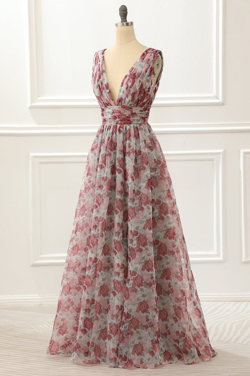 Load image into Gallery viewer, V-neck Floral A Line Prom Dress