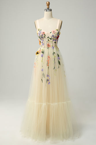 Champagne Spaghetti Straps Long Prom Dress With 3D Flowers