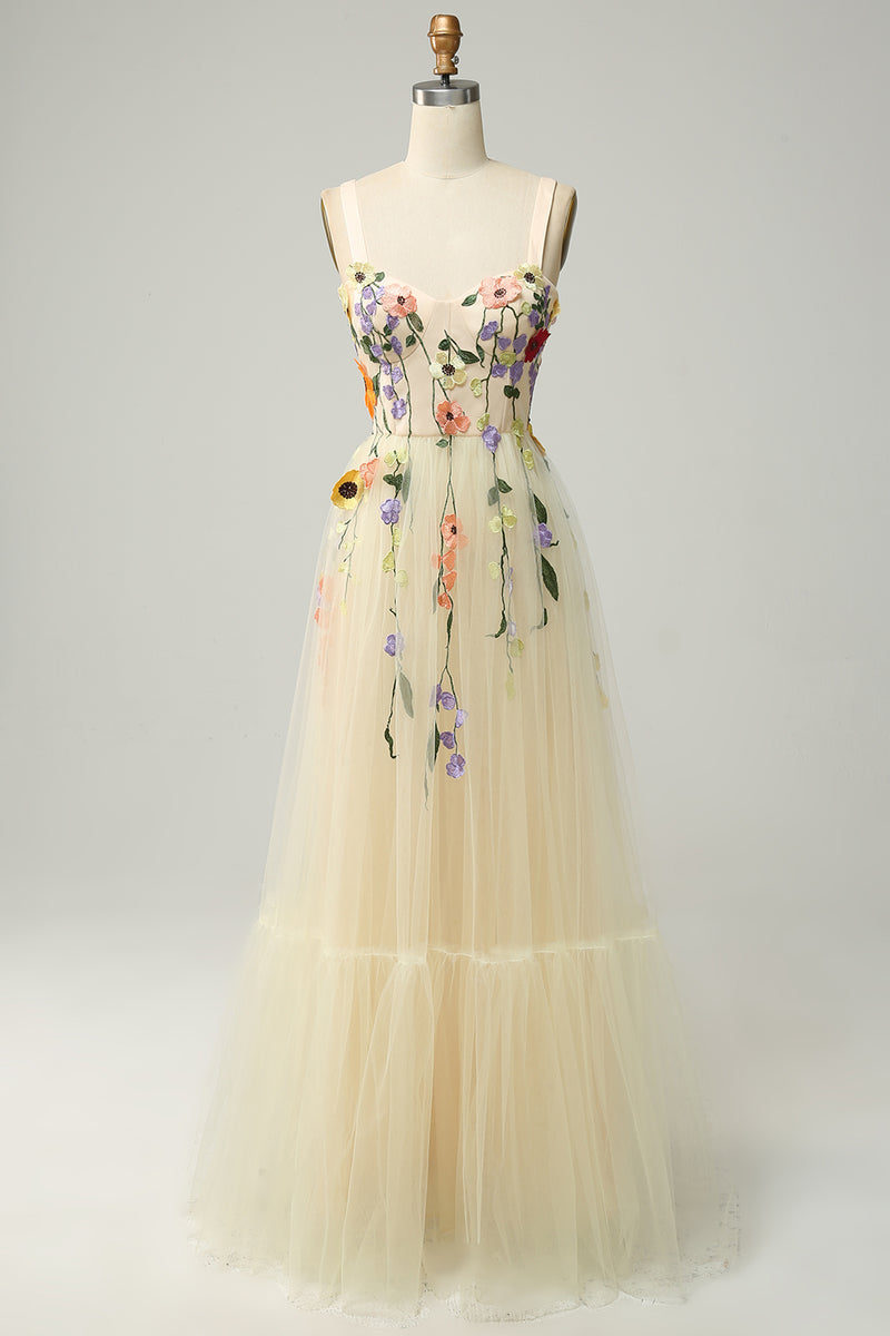 Load image into Gallery viewer, Champagne Spaghetti Straps Long Prom Dress With 3D Flowers