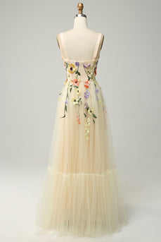 Champagne Spaghetti Straps Long Prom Dress With 3D Flowers