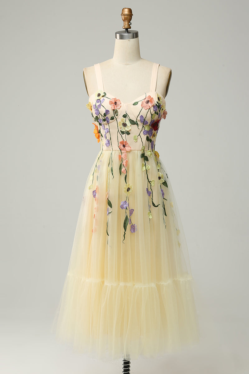 Load image into Gallery viewer, Tulle Champagne Spaghetti Straps Prom Dress With 3D Flowers