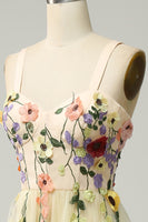 Load image into Gallery viewer, Tulle Champagne Spaghetti Straps Prom Dress With 3D Flowers