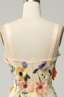 Load image into Gallery viewer, Tulle Champagne Spaghetti Straps Prom Dress With 3D Flowers