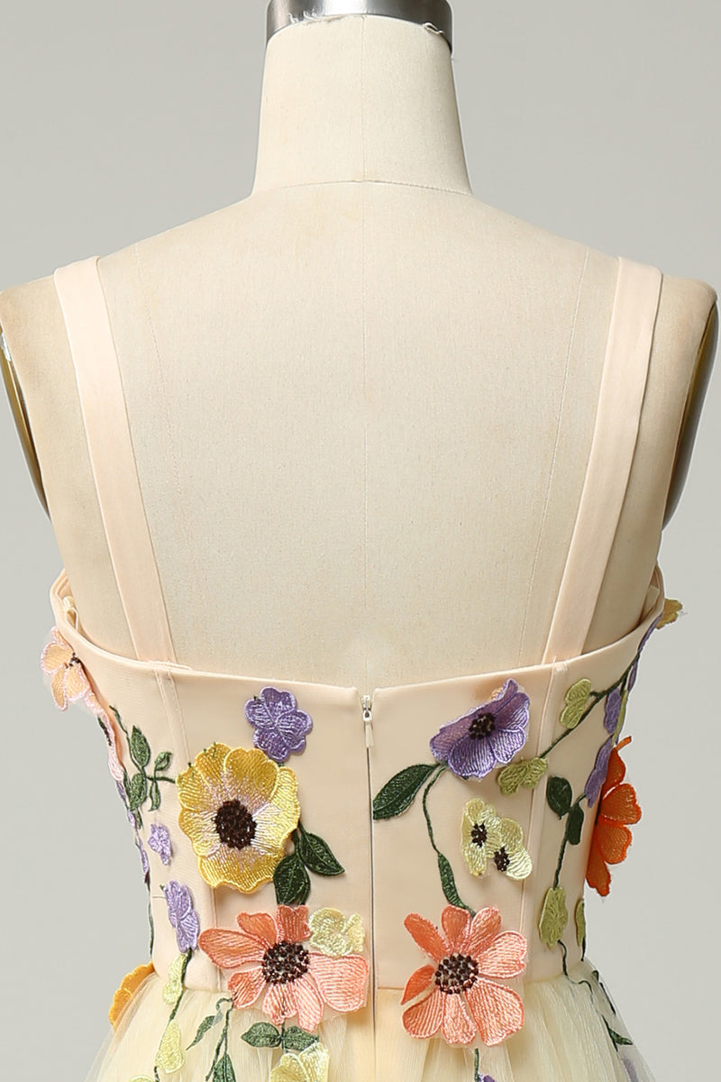 Load image into Gallery viewer, Tulle Champagne Spaghetti Straps Prom Dress With 3D Flowers