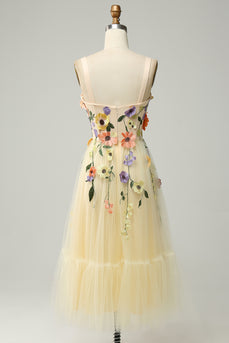 Tulle Champagne Spaghetti Straps Prom Dress With 3D Flowers