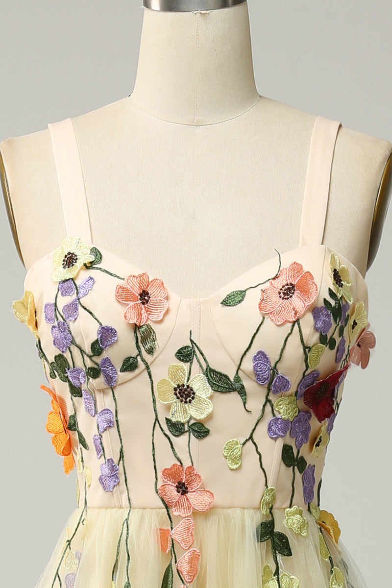 Load image into Gallery viewer, Tulle Champagne Spaghetti Straps Prom Dress With 3D Flowers