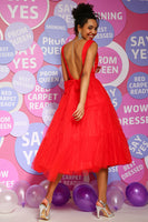 Load image into Gallery viewer, Red A Line Deep V Neck Tea Length Prom Dress