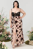 Load image into Gallery viewer, Sheath Spaghetti Straps Black Floral Plus Size Wedding Guest Dress with Slit