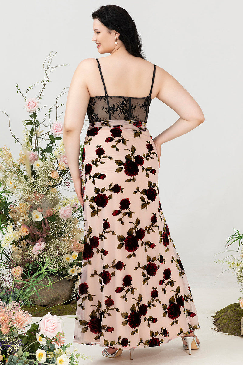 Load image into Gallery viewer, Sheath Spaghetti Straps Black Floral Plus Size Wedding Guest Dress with Slit