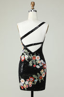 Load image into Gallery viewer, One Shoulder Black Sequin Beading Short Prom Dress